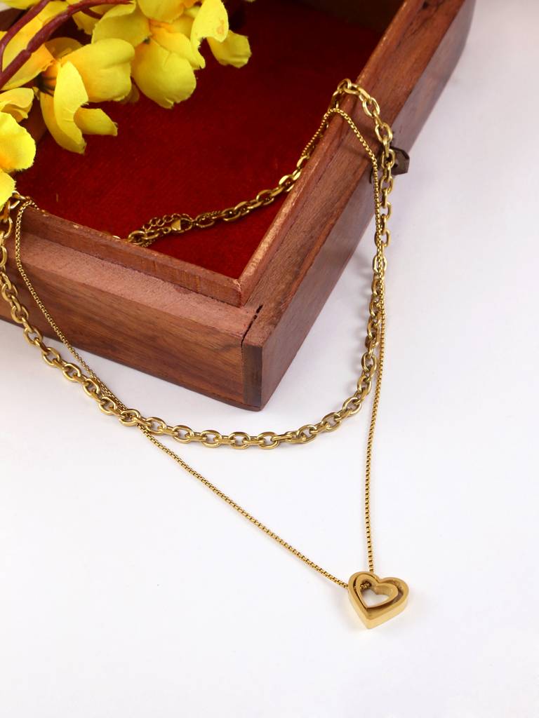 Gold Tone 2 Layer Heart Pendant Necklace : YI24A0088N