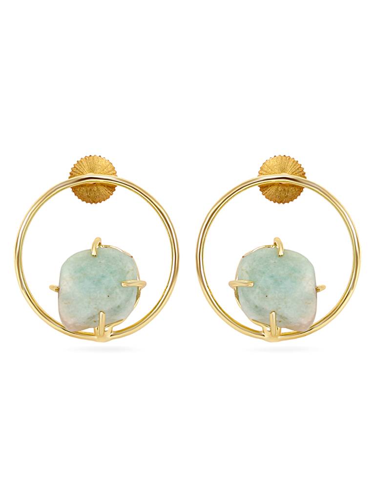 Gold Hoop Earrings With Aquamarine Stone Accent : YI24A0044E