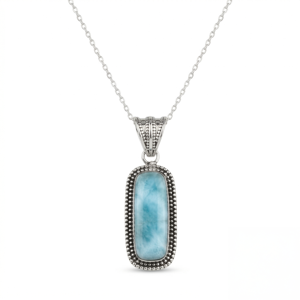 925 Sterling Silver Larimar Pendant With 18 Inch Chain | Larimar Pendant Necklace | Elegant Handmade Jewelry Gift : FU-0590