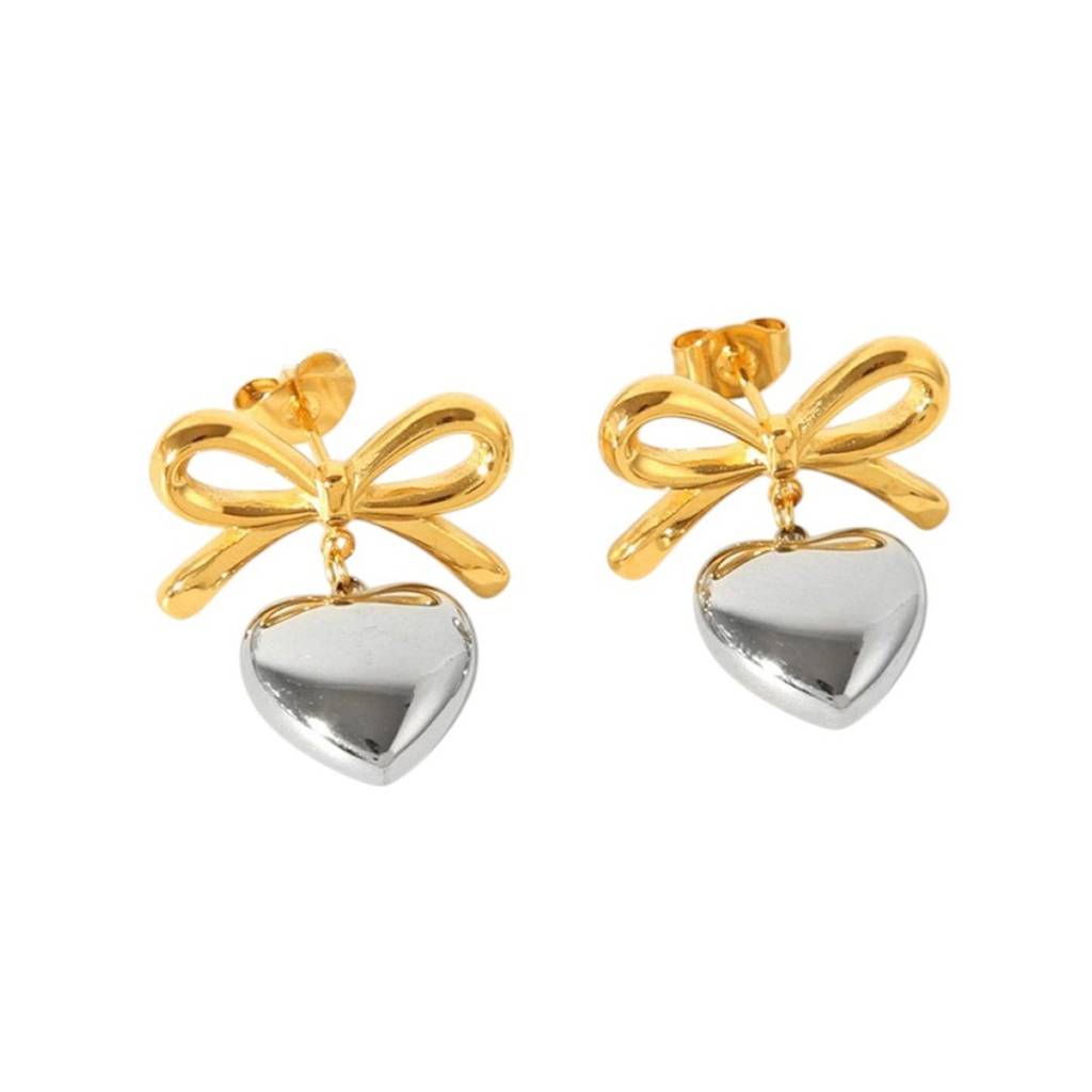 18K Gold & Silver Plated Waterproof Anti-Tarnish Bow And Heart Drops : ASG0125E423GS