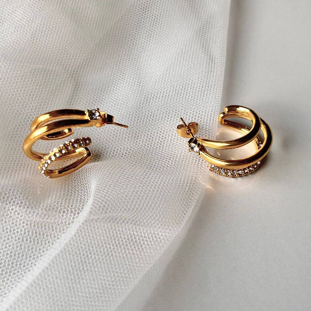 18Kt Gold Plated Triple Hoop Zircon Earrings, Natalie : INNATALIE
