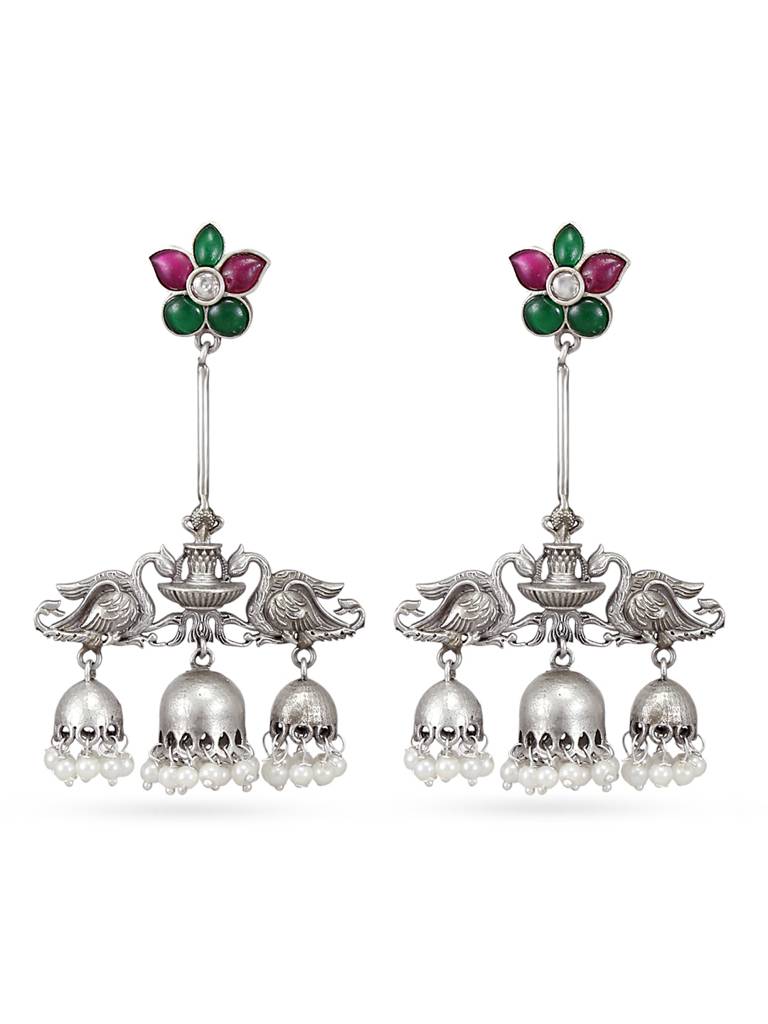 Silver Jhumka Earrings With Floral Accents : YI24A0127E