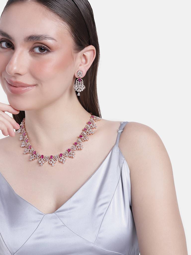 Estele Rose Gold Plated Cz Ornamented Necklace Set With Red Colored Stones For Women : AD-645-RGNKER