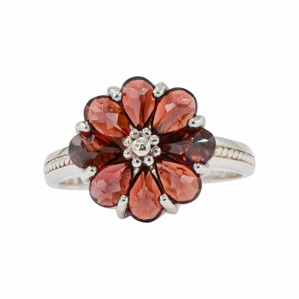 925 Sterling Silver Natural Garnet  Stone  Flower Cluster Ring Gift For Women : FU-021