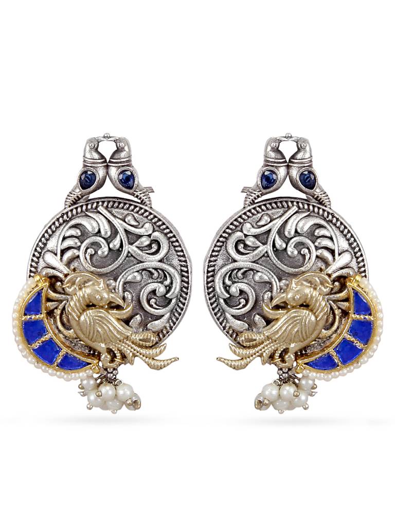 Silver Brass Peacock Design Drop Earrings : YI24A0123E