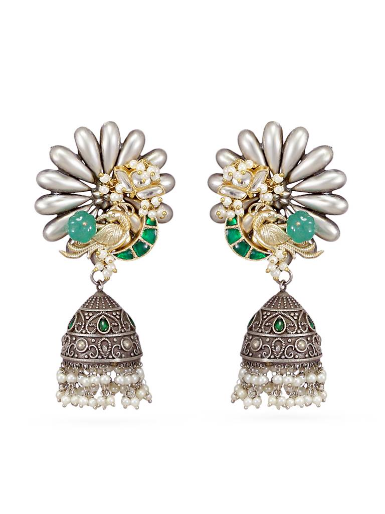 Oxidised Silver Peacock Design Jhumka Earrings : YI24A0141E
