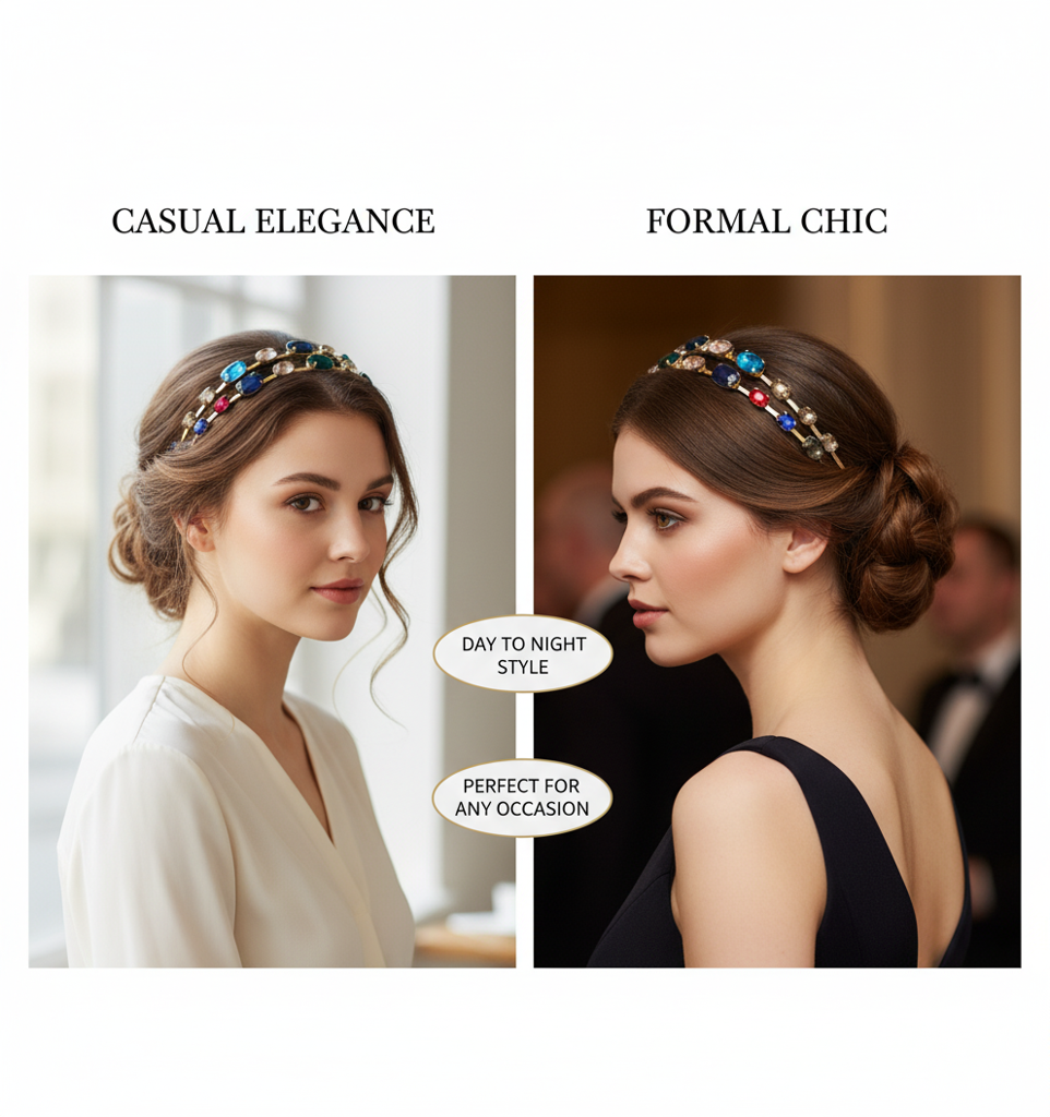 Gold Crystal Rhinestone Double Layer Hairband For Women Elegant Wedding Party Headband With Multicolor Stones : M4SK-A2