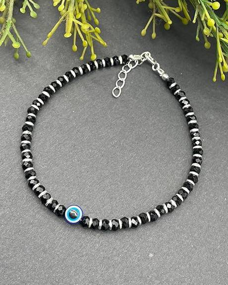 925 Pure Silver Nazariya Bracelets | Silver Evil Eye Beaded Bracelet (Pair Of 2) : BR1053