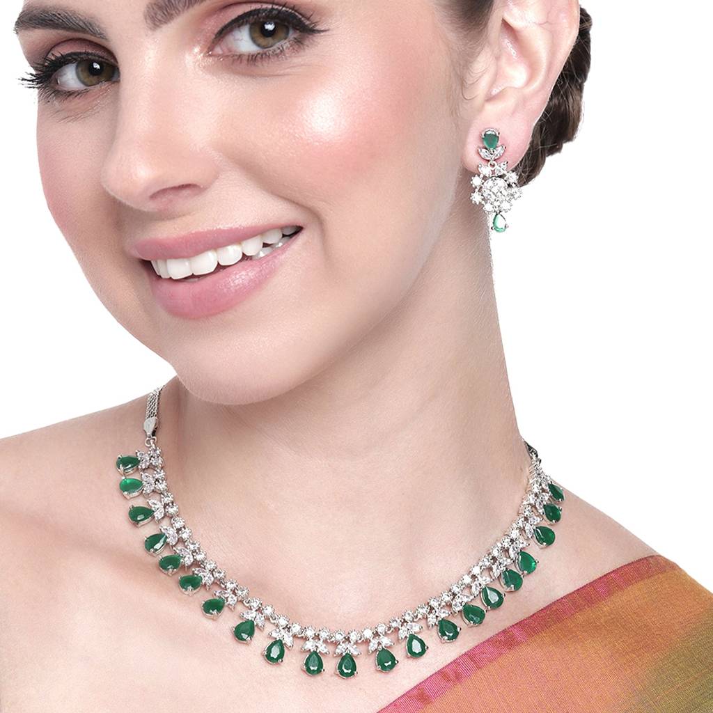 Estele Rhodium Plated Cz Glamorous Necklace Set With Green Stones For Women : AD-708-IR-GNNKER