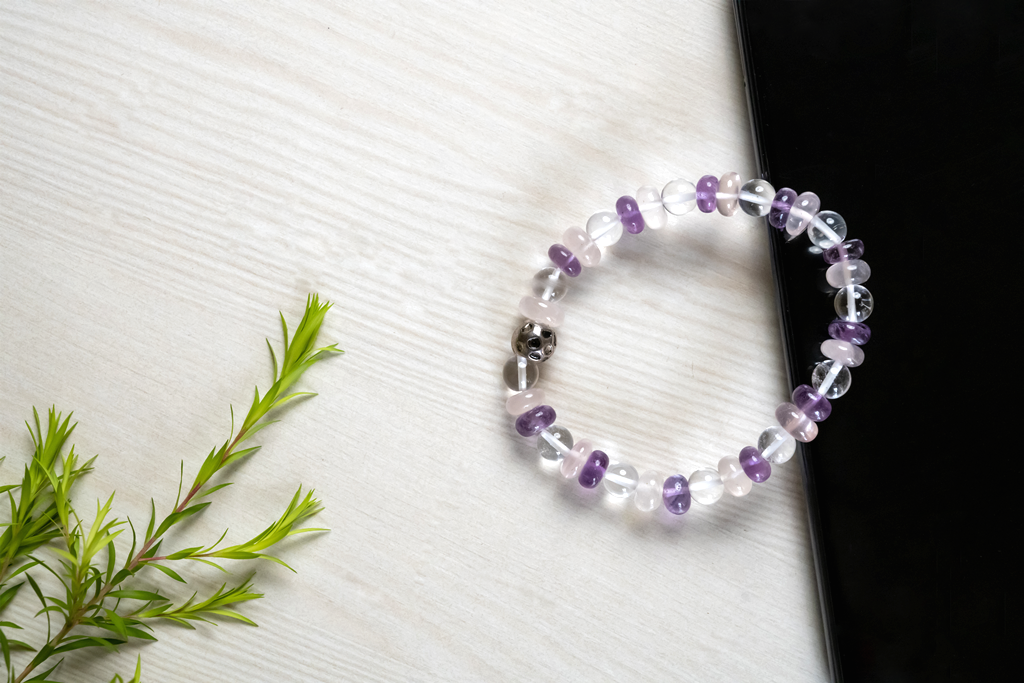 Amethyst, Rose Quartz And Clear Quartz Healing Gemstone Bracelet : AMETHYST-ROSEQ-CLEARQ-BRACELET