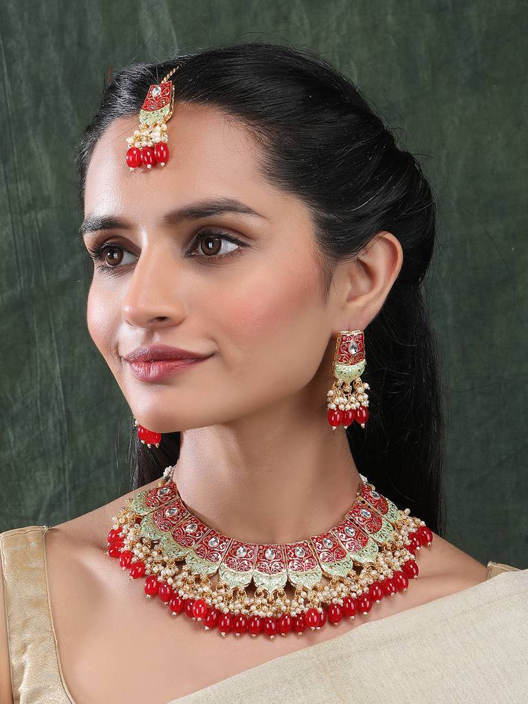 Dual Colour Kundan Meenakari Necklace Set With Earrings And Maangtika : Kundan08Red