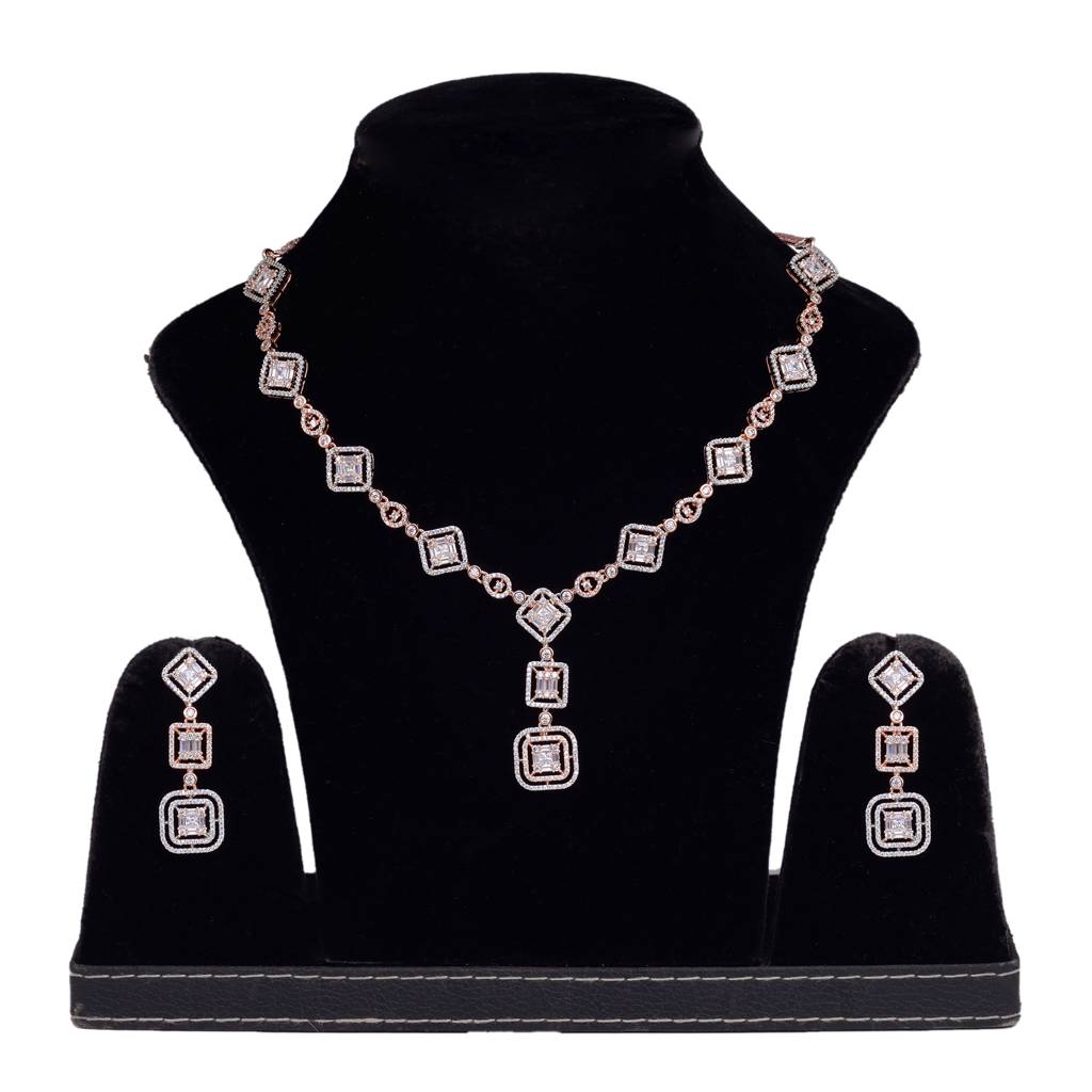 Saraf Rs Jewellery Minimal Light Weignt Rose Gold Plated American Diamond Necklace With Earrings For Women & G : SJNK1203