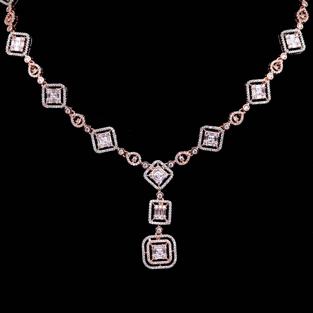 Saraf Rs Jewellery Minimal Light Weignt Rose Gold Plated American Diamond Necklace With Earrings For Women & G : SJNK1203
