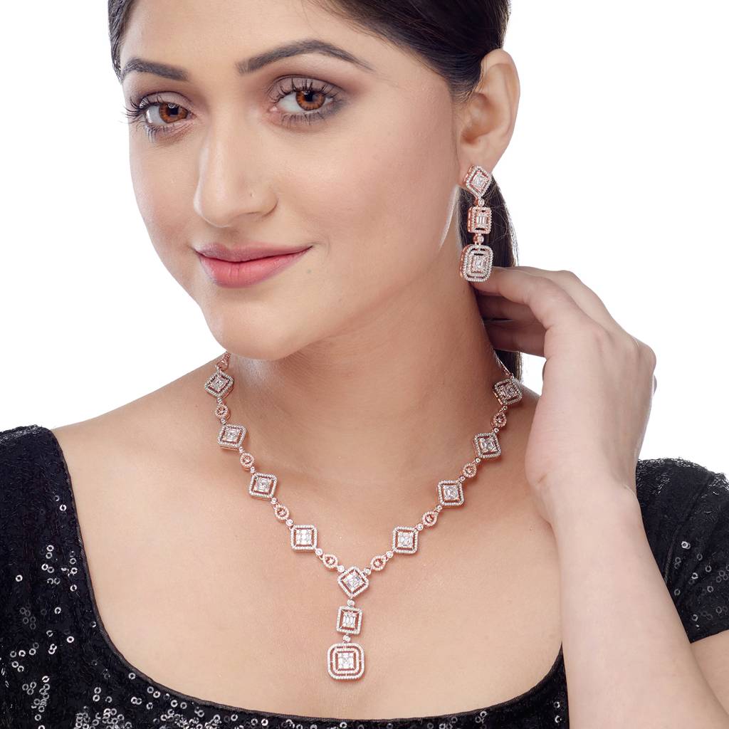 Saraf Rs Jewellery Minimal Light Weignt Rose Gold Plated American Diamond Necklace With Earrings For Women & G : SJNK1203