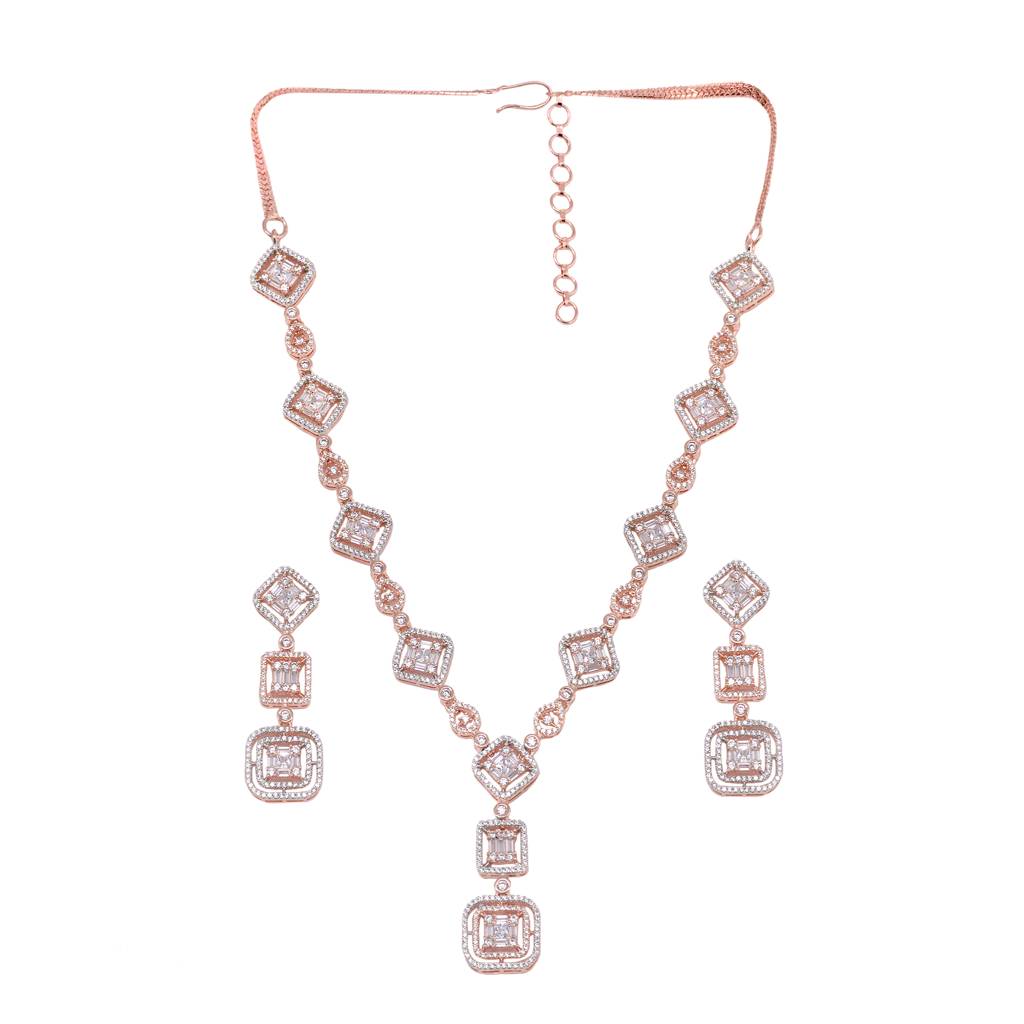 Saraf Rs Jewellery Minimal Light Weignt Rose Gold Plated American Diamond Necklace With Earrings For Women & G : SJNK1203