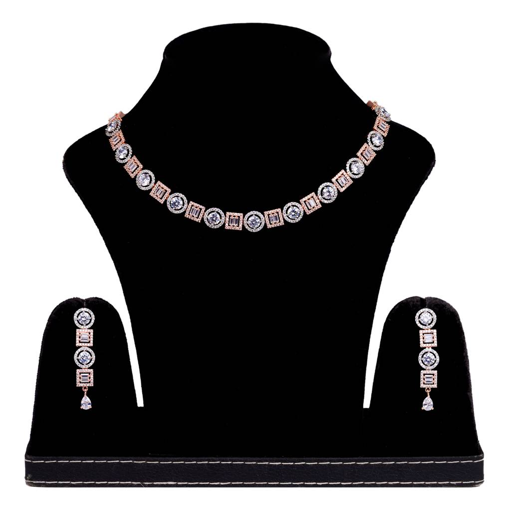 Beautiful Light Necklace Set With Matching Earrings, Rose Gold Plated : SJNK1204