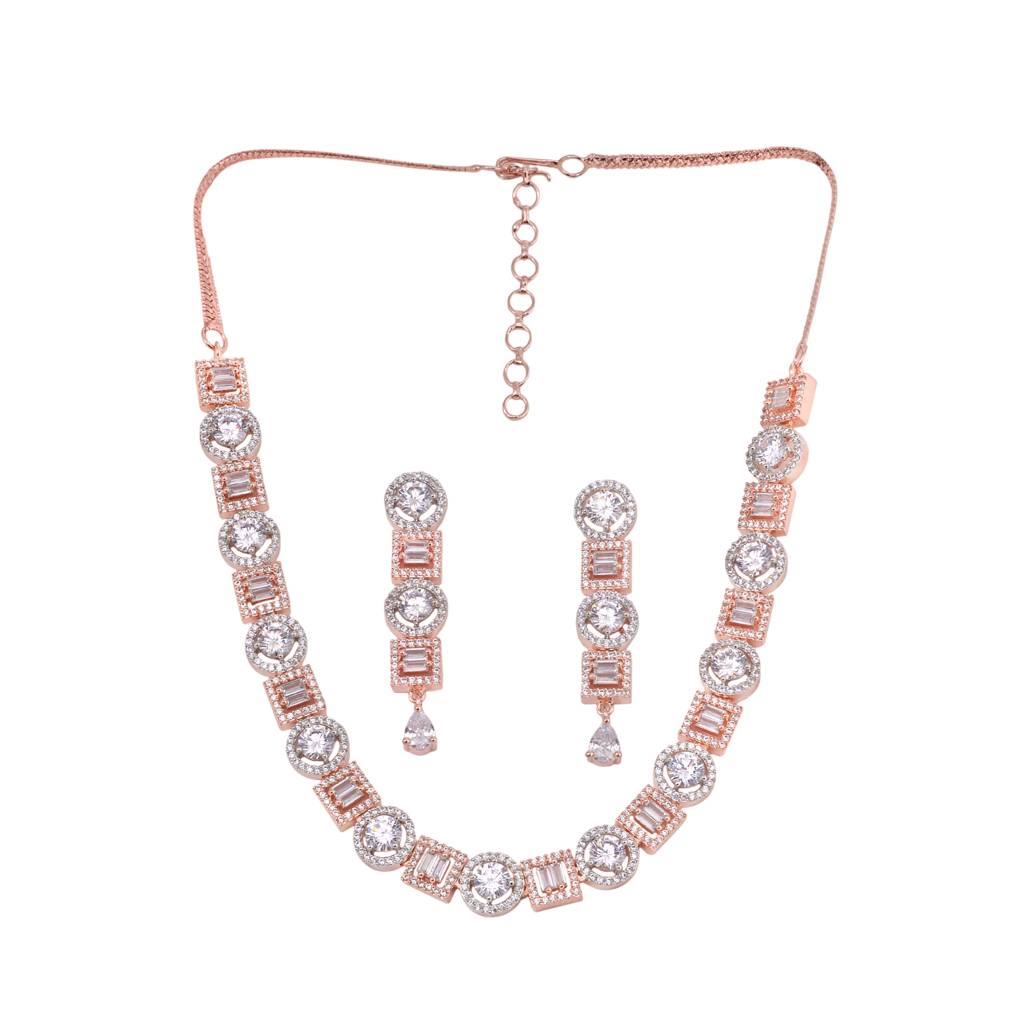 Beautiful Light Necklace Set With Matching Earrings, Rose Gold Plated : SJNK1204