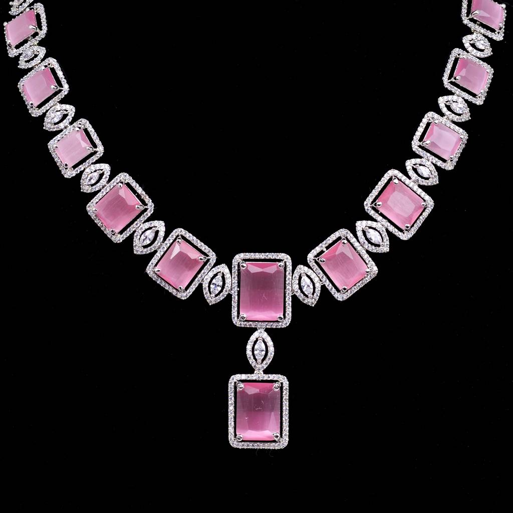 Big Rose Quartz Stuuded Handcrafted Necklace Set With Earrings : SJNK1206