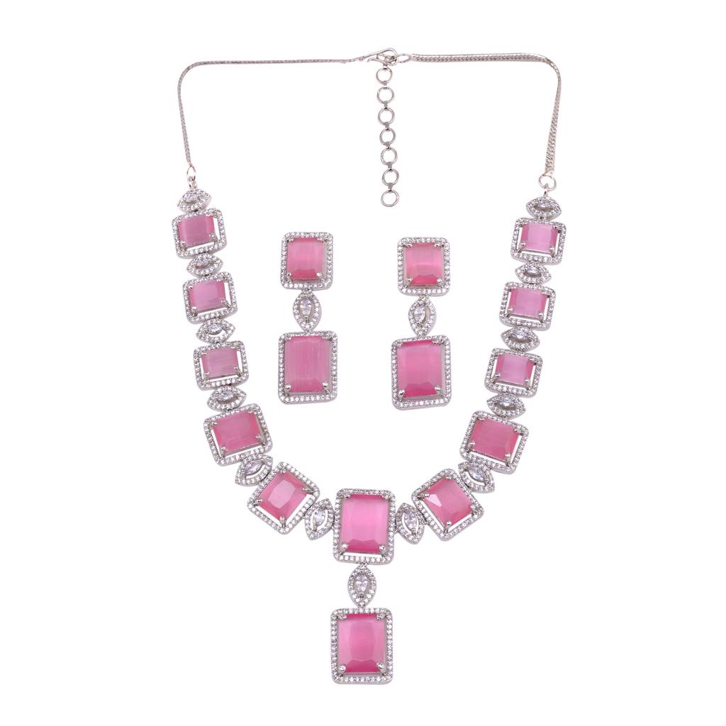 Big Rose Quartz Stuuded Handcrafted Necklace Set With Earrings : SJNK1206