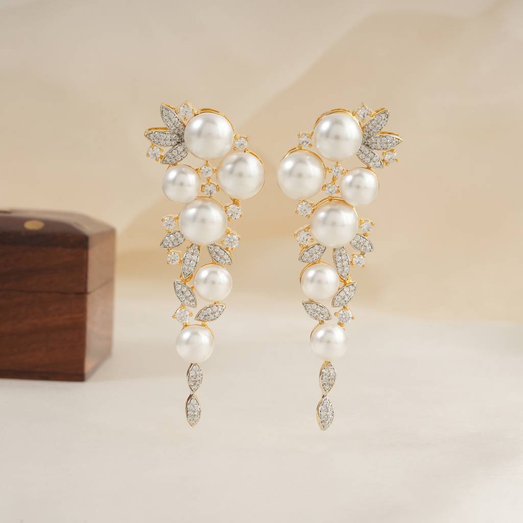 Long Gold Plated Pearl Diamond Studded Earring : SJ131