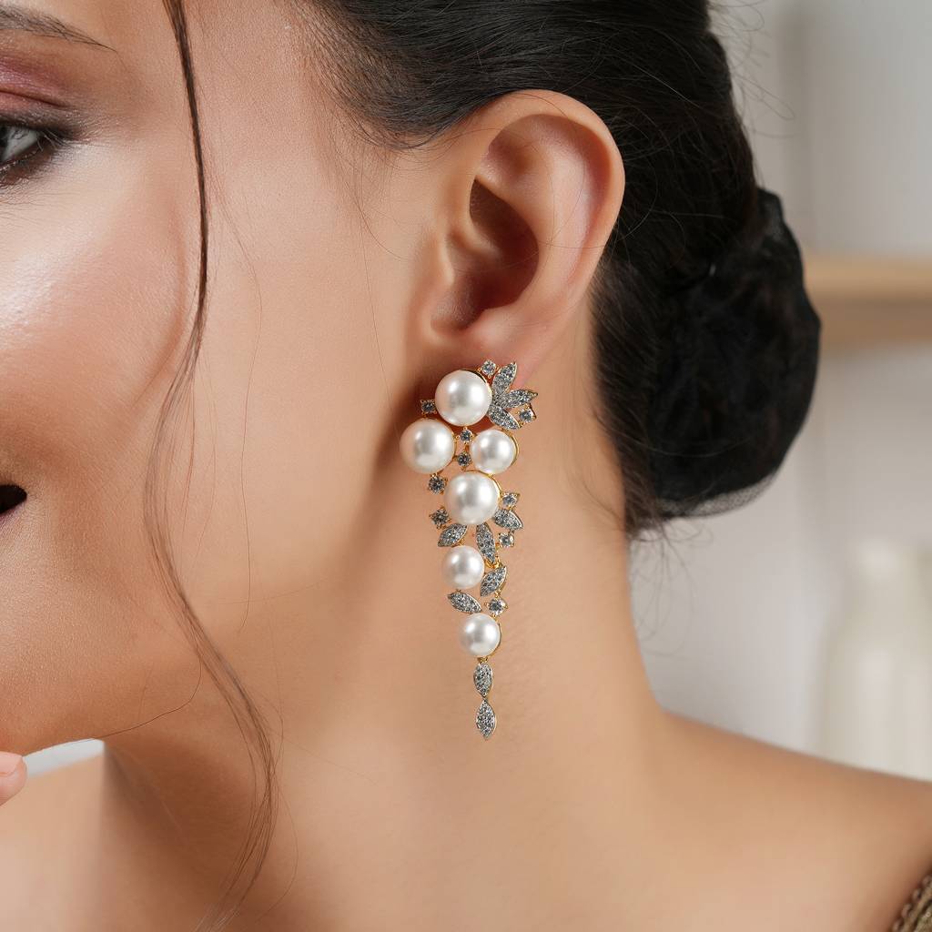 Long Gold Plated Pearl Diamond Studded Earring : SJ131