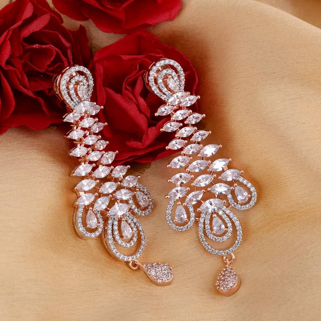Saraf Rs Jewellery Stunning Rose Gold Plated American Diamond Studded Earrings For Women & Girls : SJER1209