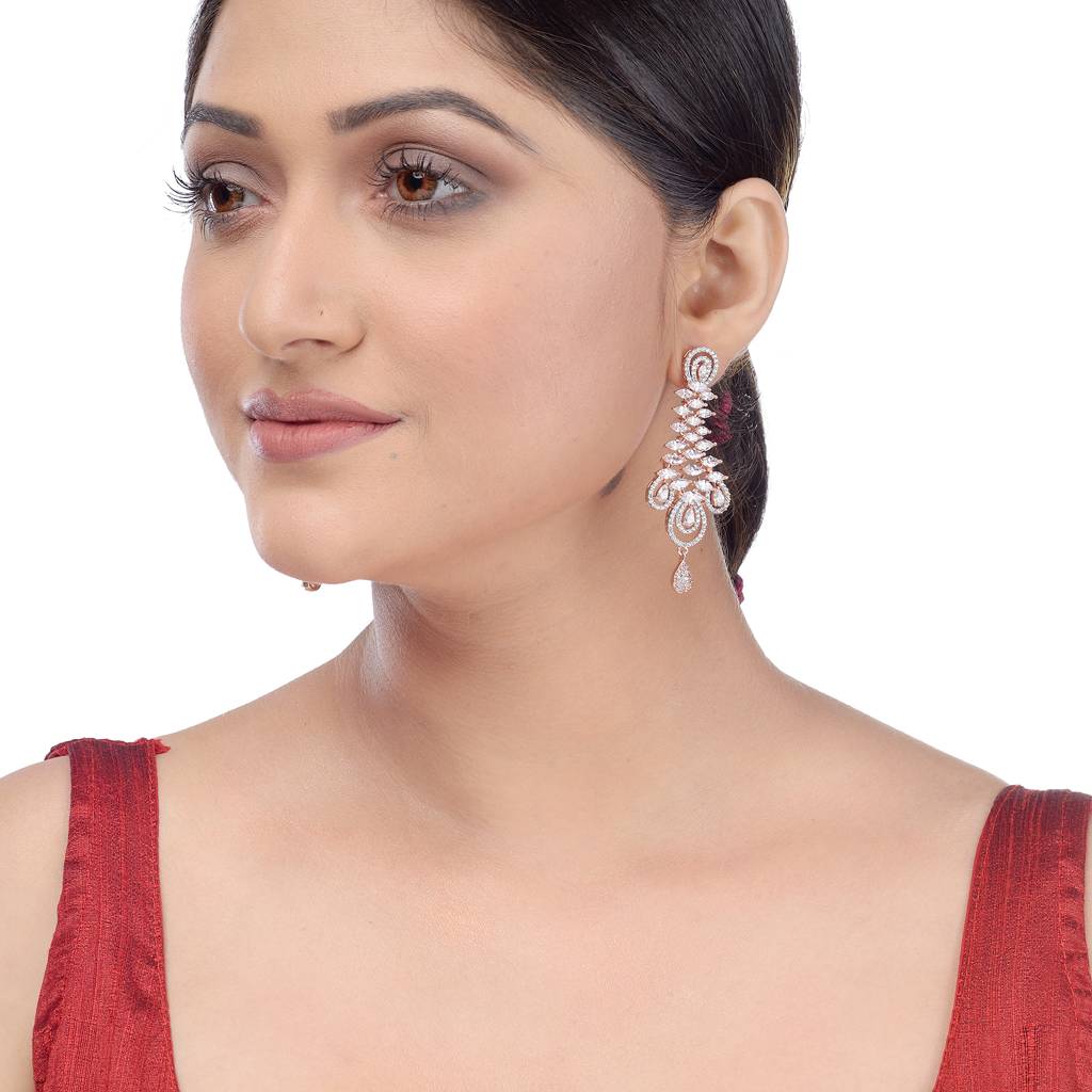 Saraf Rs Jewellery Stunning Rose Gold Plated American Diamond Studded Earrings For Women & Girls : SJER1209