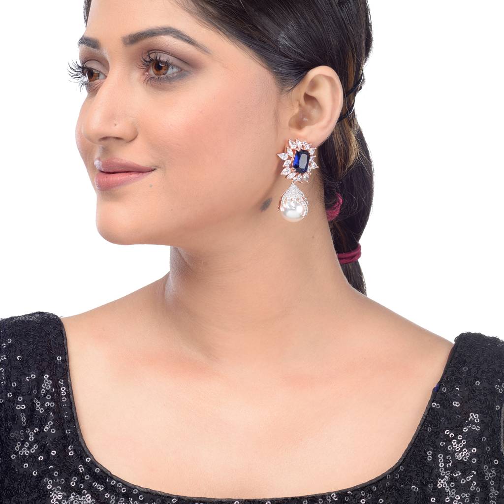 Saraf Rs Jewellery Royal Sapphire Pearl Studded Drop Earrings For Women & Girls : SJER1212