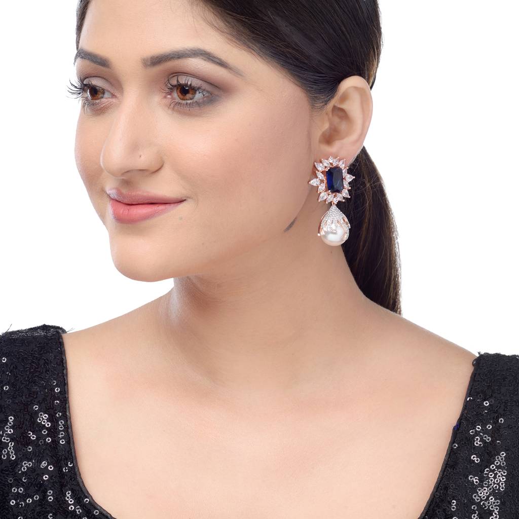 Saraf Rs Jewellery Royal Sapphire Pearl Studded Drop Earrings For Women & Girls : SJER1212