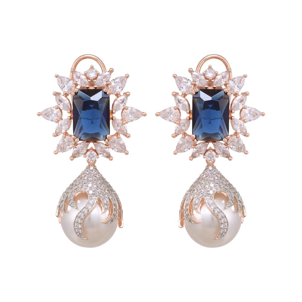 Saraf Rs Jewellery Royal Sapphire Pearl Studded Drop Earrings For Women & Girls : SJER1212