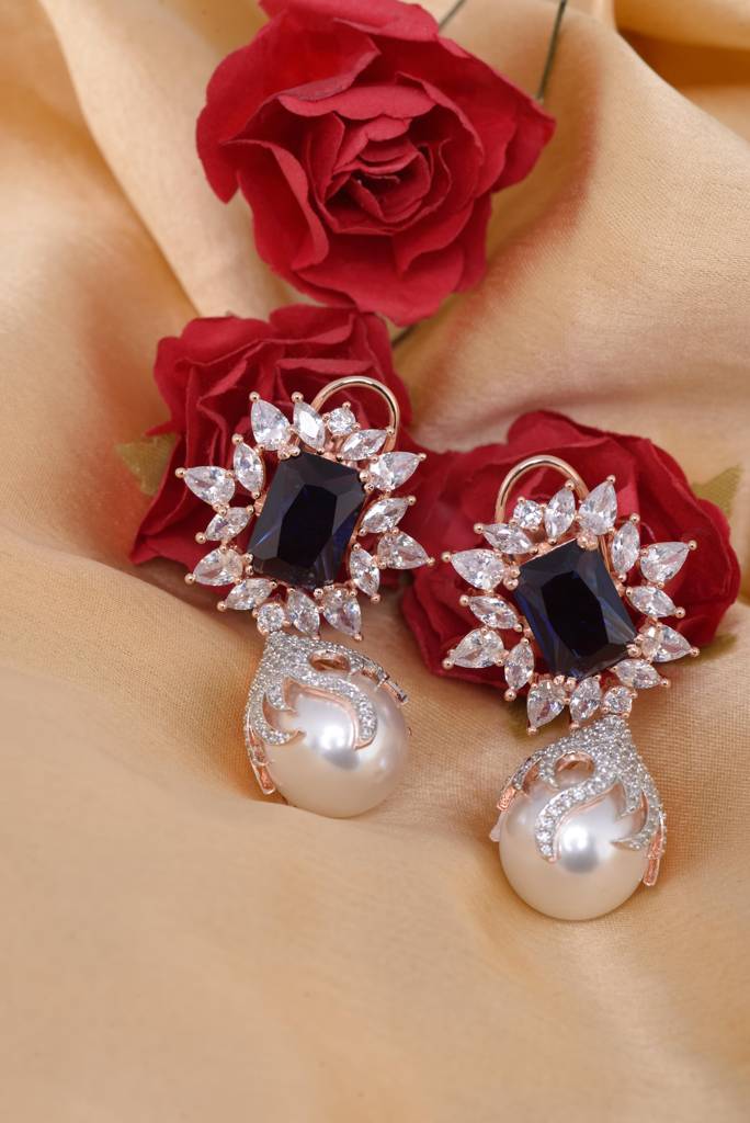 Saraf Rs Jewellery Royal Sapphire Pearl Studded Drop Earrings For Women & Girls : SJER1212