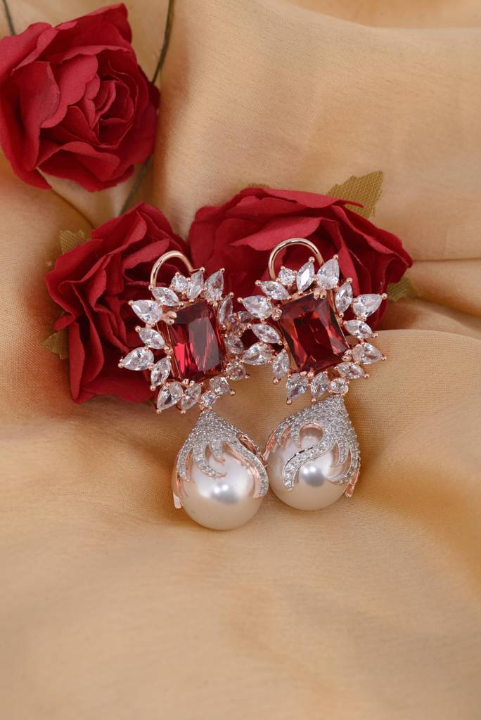 Saraf Rs Jewellery Royal Ruby Pearl Studded Drop Earrings For Women & Girls : SJER1213