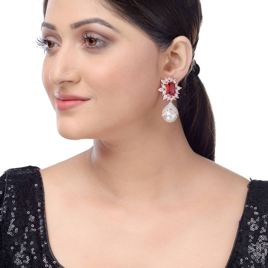 Saraf Rs Jewellery Royal Ruby Pearl Studded Drop Earrings For Women & Girls : SJER1213
