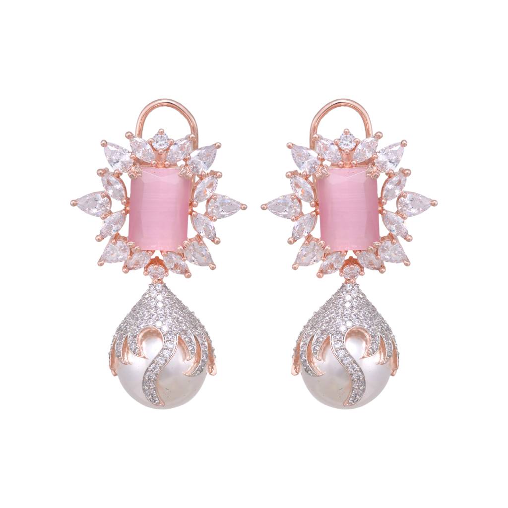 Saraf Rs Jewellery Royal Pink Pearl Studded Drop Earrings For Women & Girls : SJER1214