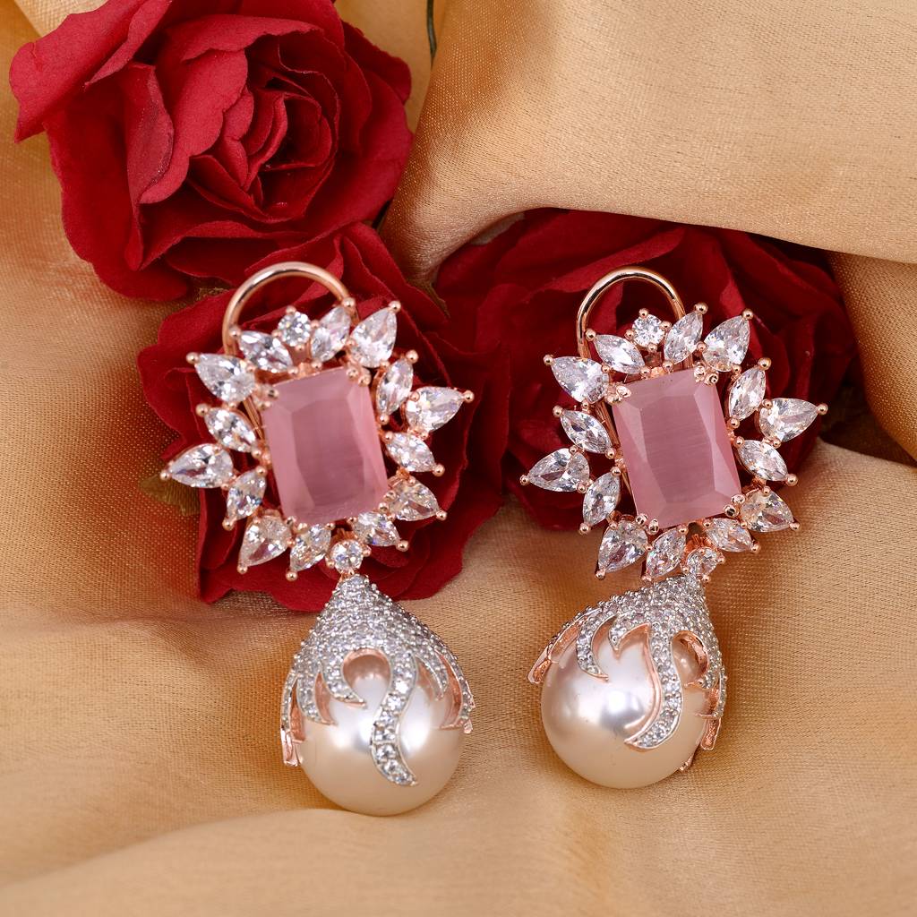 Saraf Rs Jewellery Royal Pink Pearl Studded Drop Earrings For Women & Girls : SJER1214