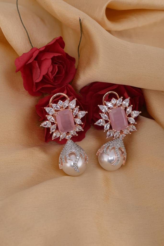 Saraf Rs Jewellery Royal Pink Pearl Studded Drop Earrings For Women & Girls : SJER1214