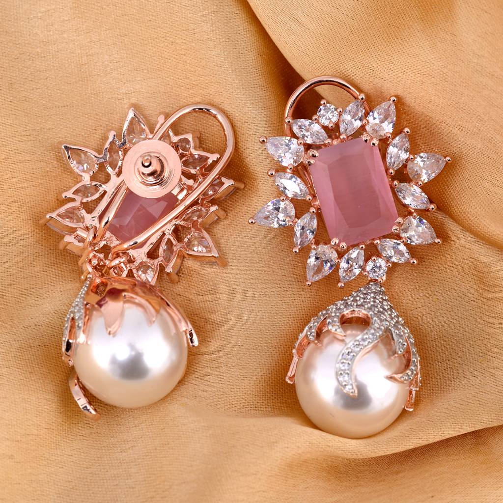 Saraf Rs Jewellery Royal Pink Pearl Studded Drop Earrings For Women & Girls : SJER1214