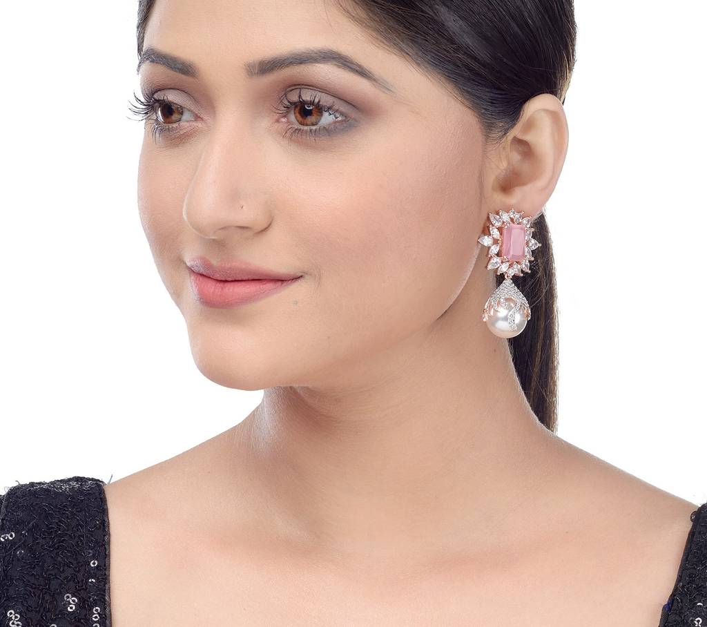 Saraf Rs Jewellery Royal Pink Pearl Studded Drop Earrings For Women & Girls : SJER1214