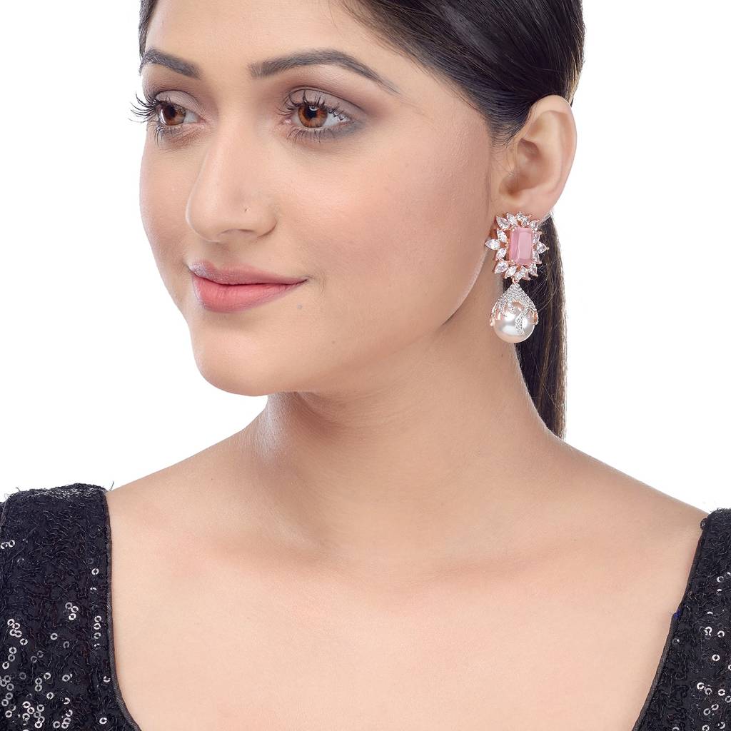 Saraf Rs Jewellery Royal Pink Pearl Studded Drop Earrings For Women & Girls : SJER1214