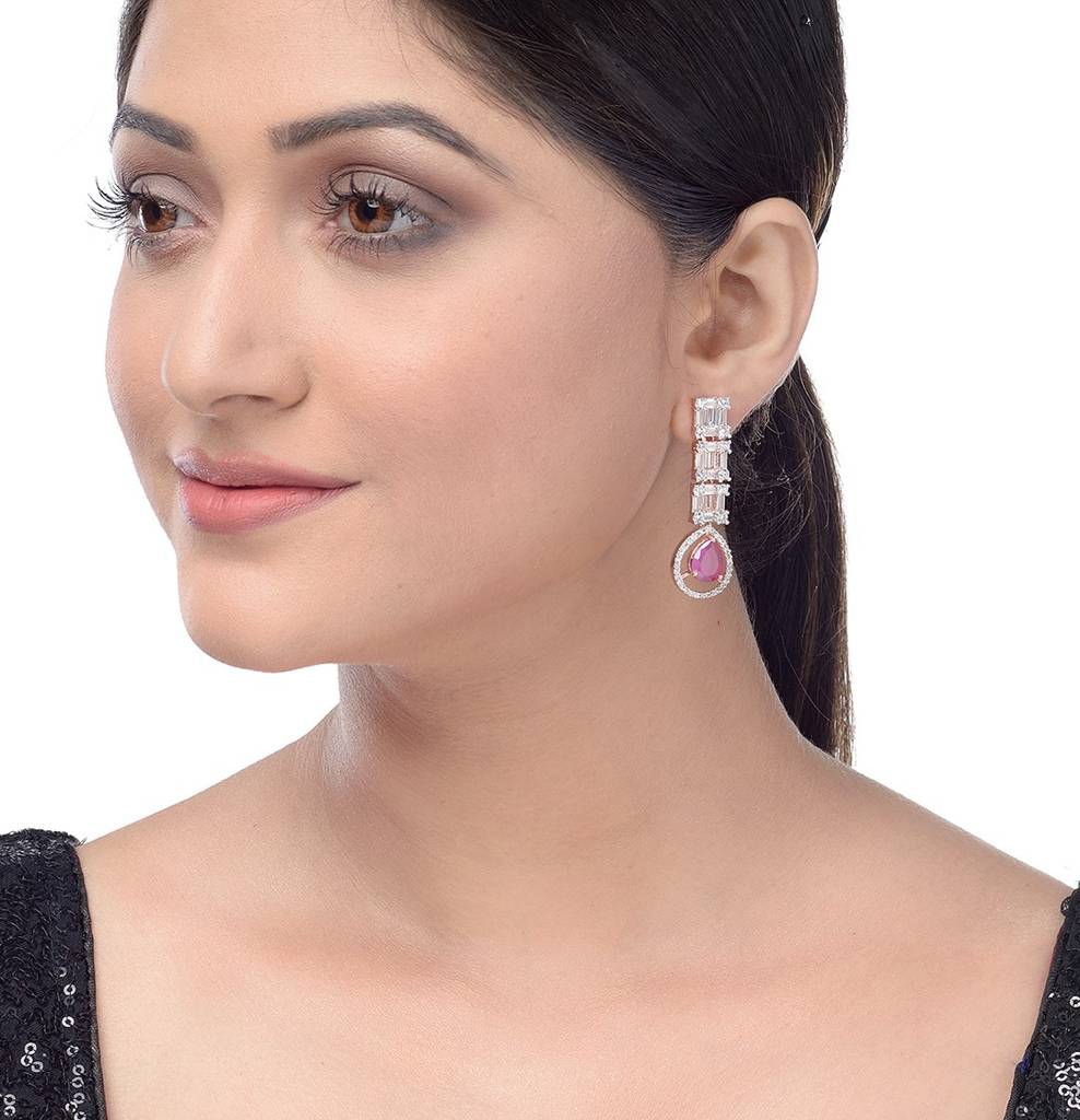 Saraf Rs Jewellery Ruby American Diamond Studded Drop Earrings For Women & Girls : SJER1216