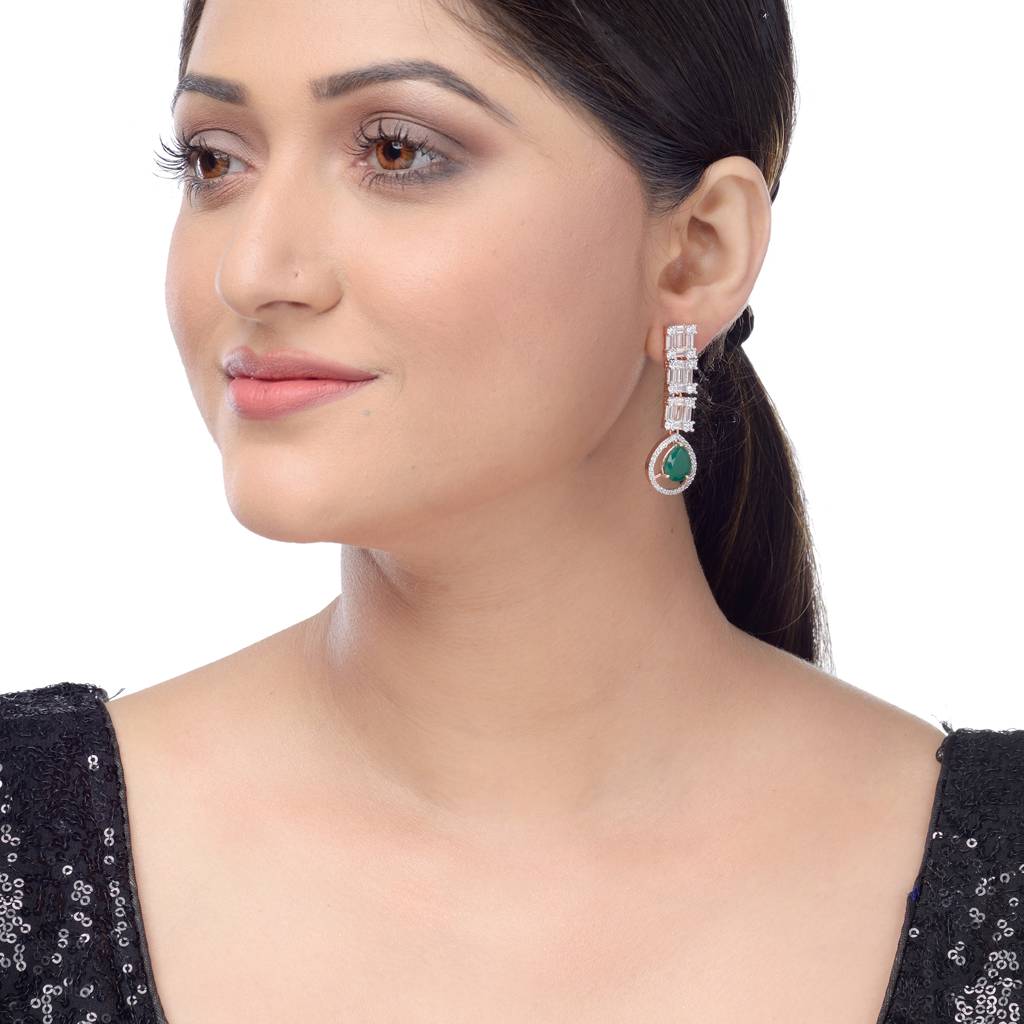 Saraf Rs Jewellery Emerald American Diamond Studded Earrings For Women & Girls : SJER1217