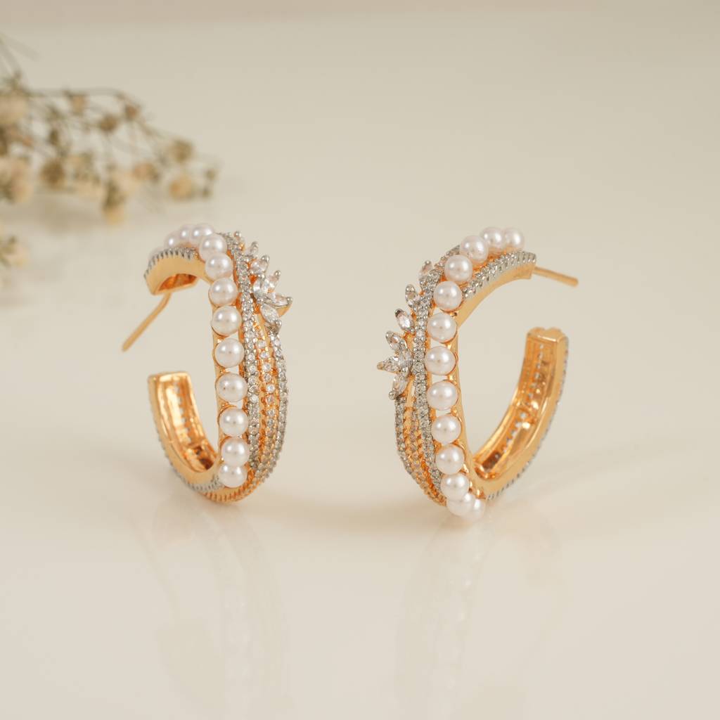 Beautiful Pearl Studded Diamond Gold Hoop Earring : SJ130