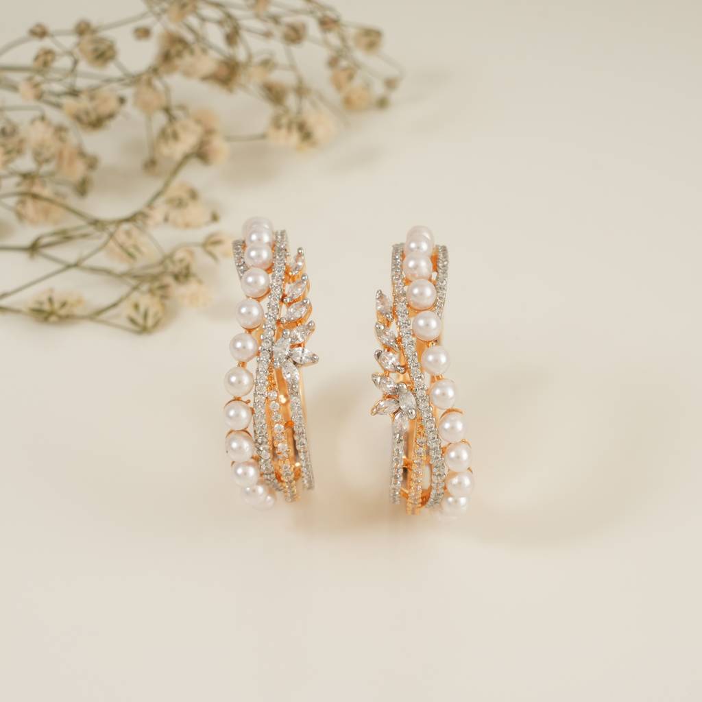 Beautiful Pearl Studded Diamond Gold Hoop Earring : SJ130