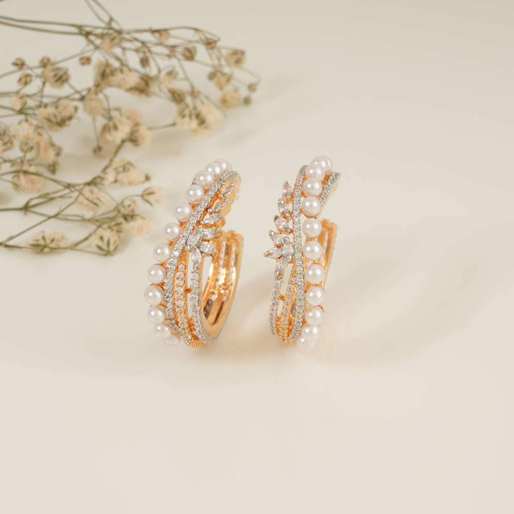 Beautiful Pearl Studded Diamond Gold Hoop Earring : SJ130