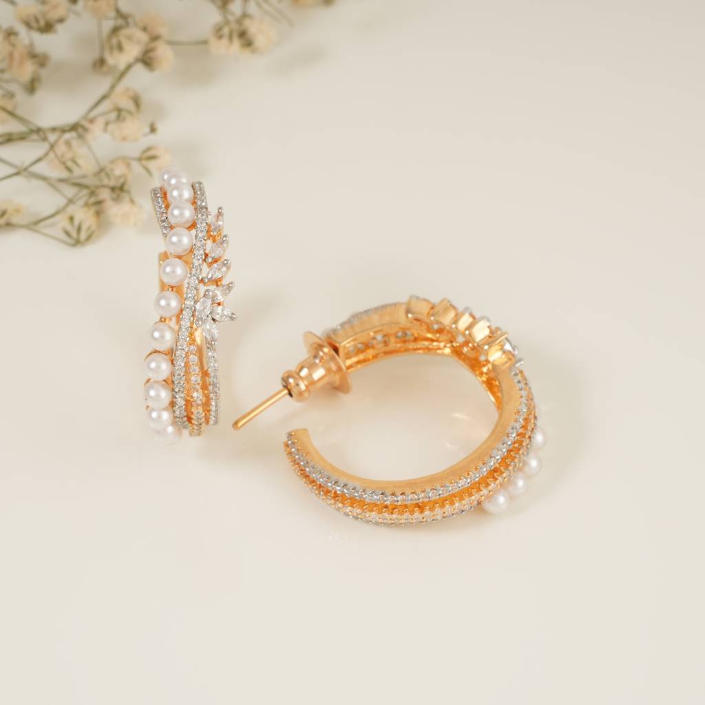 Beautiful Pearl Studded Diamond Gold Hoop Earring : SJ130