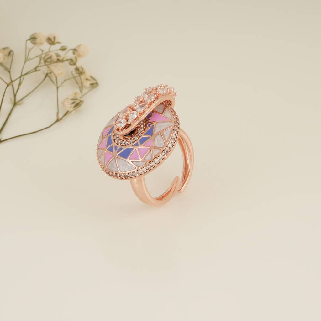 Amazing Meenakari Cz Diamond Gold Finger Ring For Women- Pink : SJ159