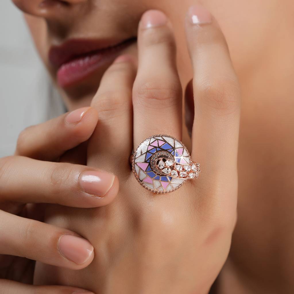 Amazing Meenakari Cz Diamond Gold Finger Ring For Women- Pink : SJ159
