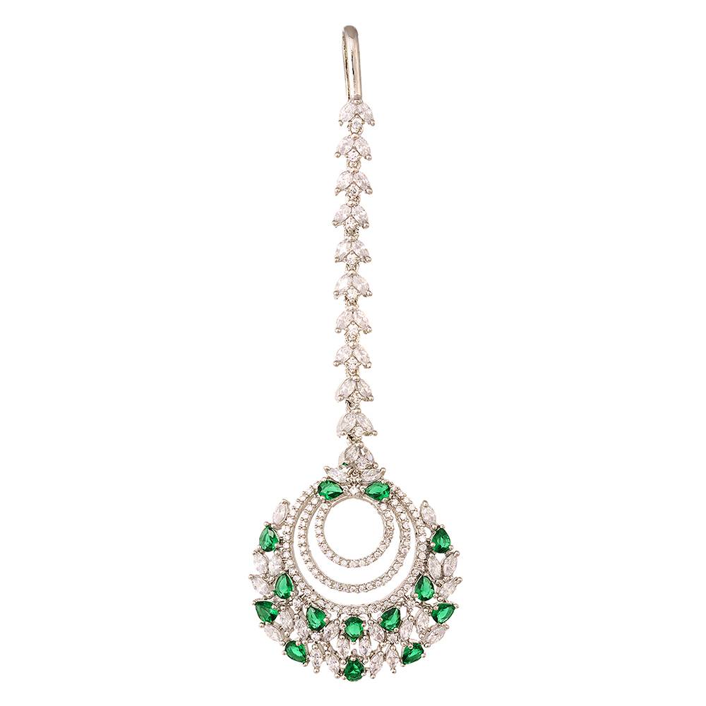 Rose Gold Plated Green Ad Studded Handcrafted Maang Tika : SJMT1222