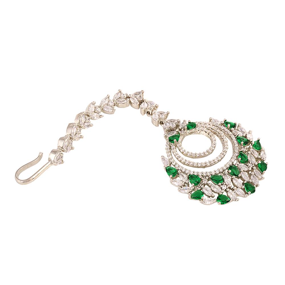Rose Gold Plated Green Ad Studded Handcrafted Maang Tika : SJMT1222