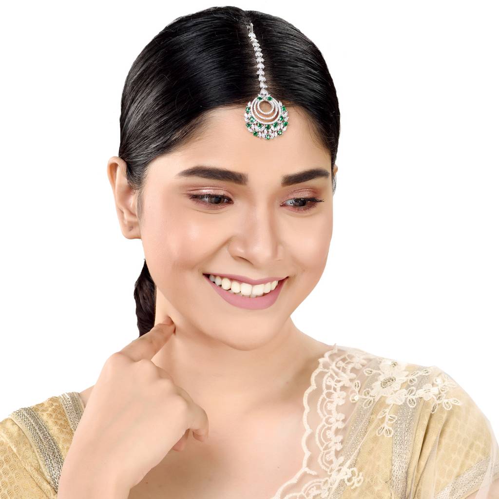Rose Gold Plated Green Ad Studded Handcrafted Maang Tika : SJMT1222